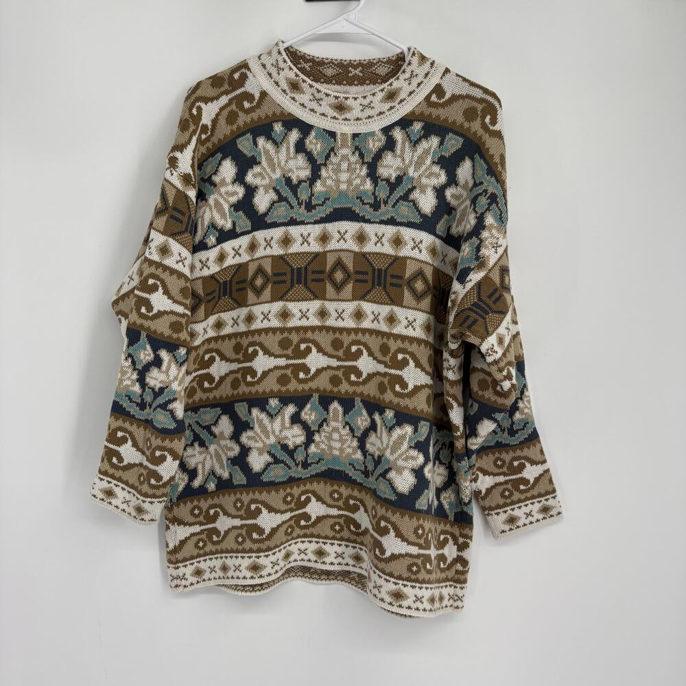 Vintage Keren Fall Floral Geometric Print Mock Neck‎ Sweater Size Large
